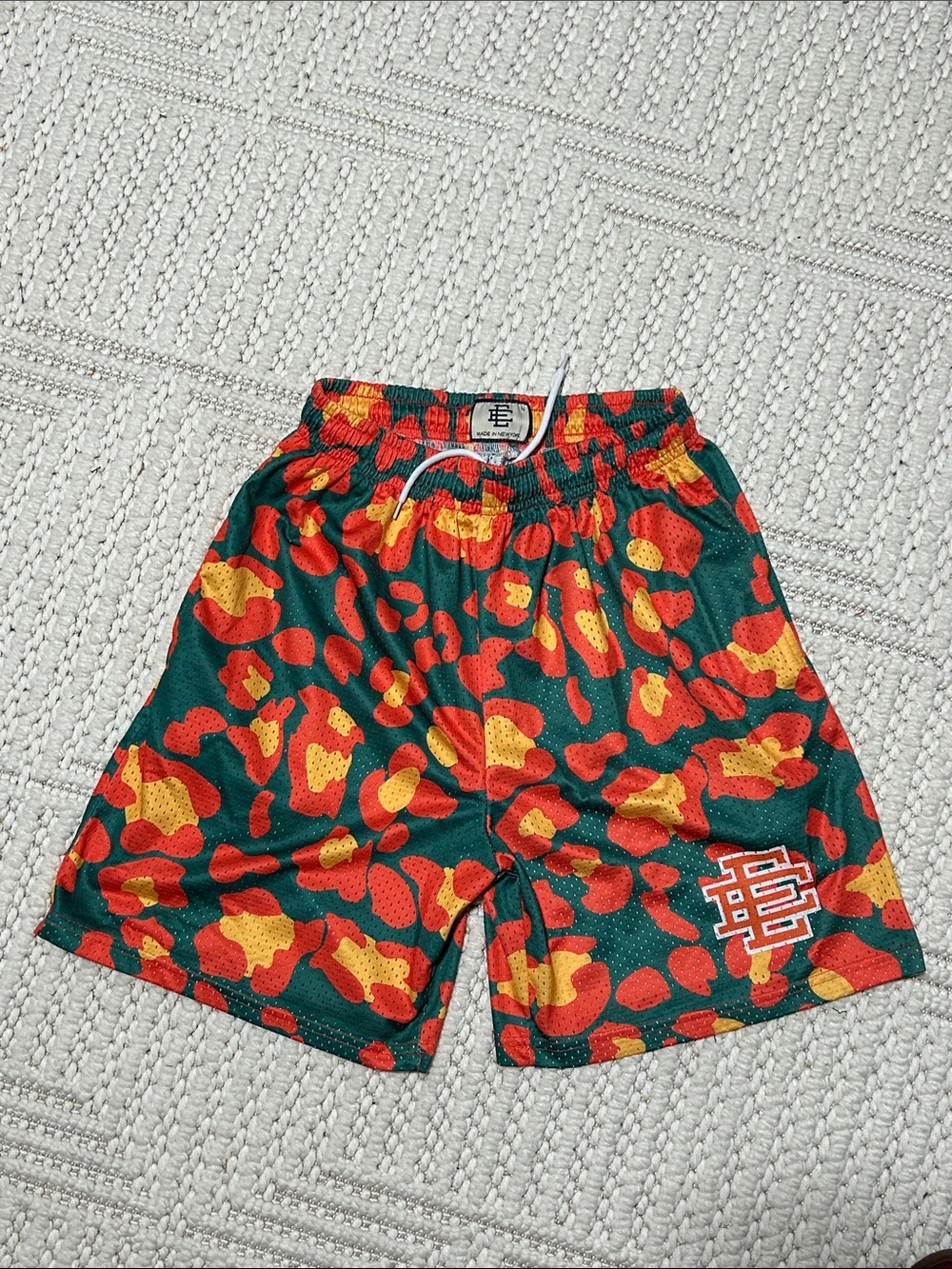 Kids Green Camo-Style Mesh Athletic Shorts with Red & Yellow Accents
